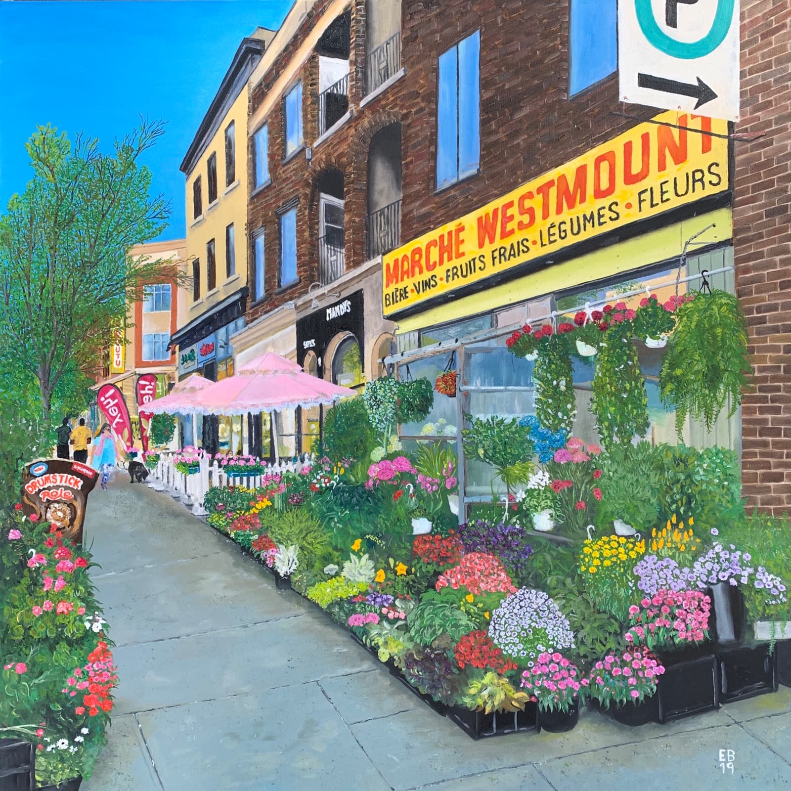 Painting of Marché Westmount with flowers lining the sidewalk