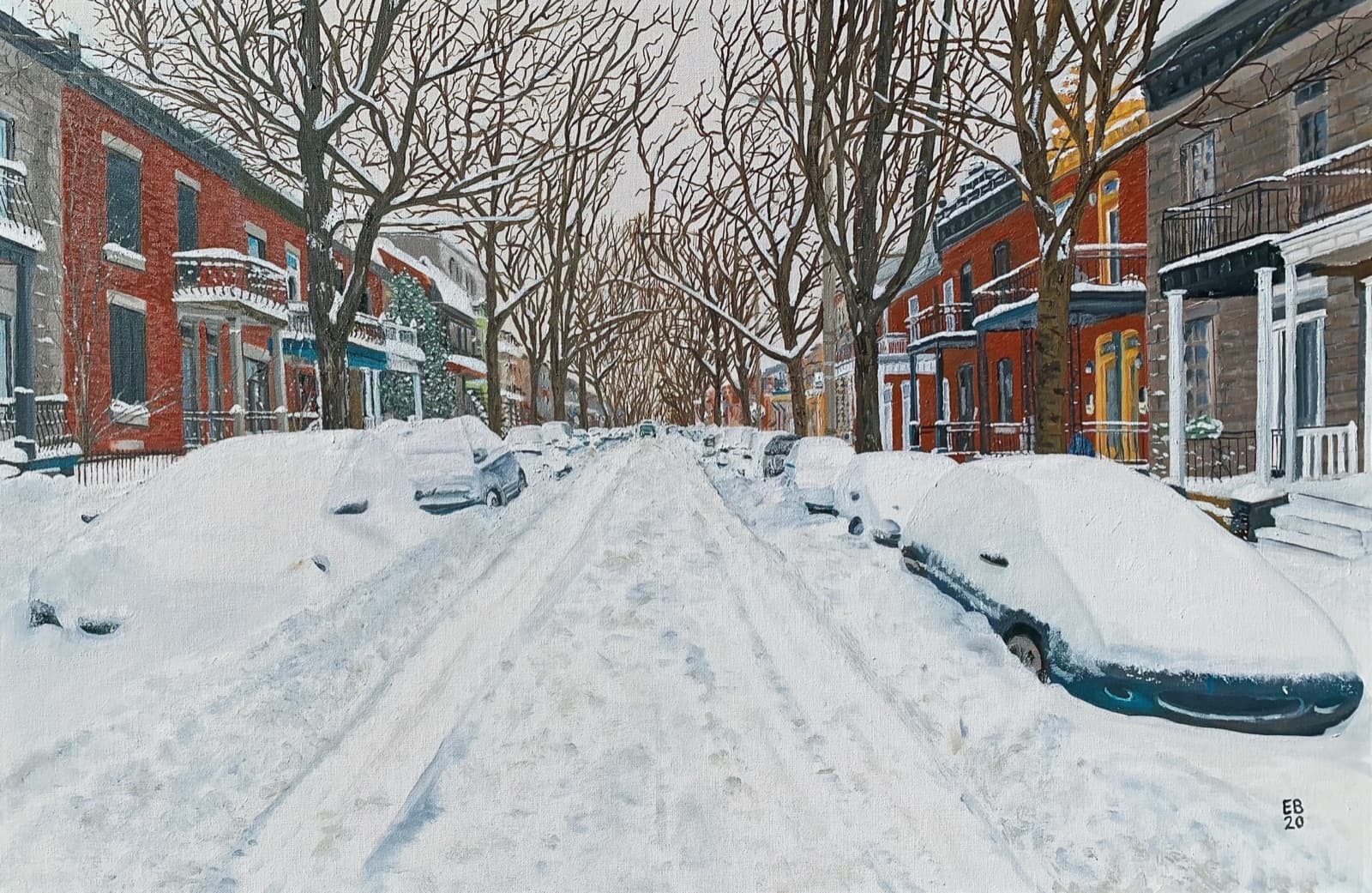 Painting of a snow-covered Montréal street in winter